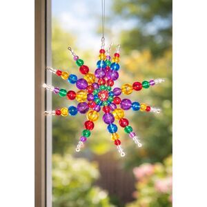 Rainbow Beaded Starburst Ornament 5” Round Holiday Suncatcher Decor